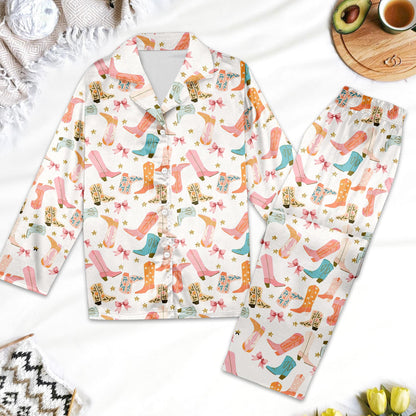 Cowboy Boot Pajama Set, Cowboy Cowgirl Western Print Pajamas, Trendy Pajamas Set Gift for Her, Cowgirl Themed Cozy Pajamas Set