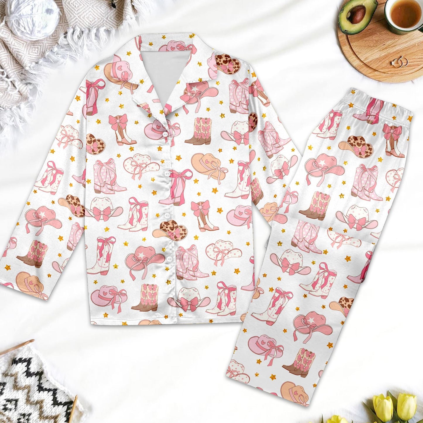 Pink Cowgirl Boots And Hat Country Themed Pajamas, Boots And Hats Western Cowgirl Pajamas Set, Cowgirl Boots Pajamas Set Gifts