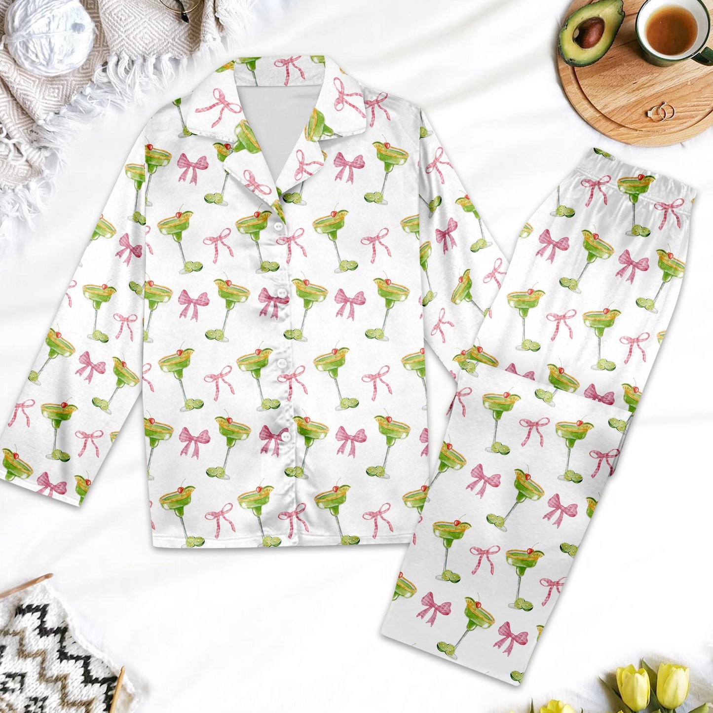 Margarita Pajamas, Cocktail Pajamas, Bridesmaid Pajamas, Pink Bow Pajamas Coquette Pajamas, Girly Pajama, Tequila Drinking Pajama