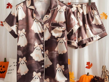 Cute Ghosts and Bows Satin Pajamas Set, Ghost Pajamas, Coquette Halloween Pajamas, Ghosts Bow Pajamas, Halloween Pajamas, Cozy Fall Pajamas