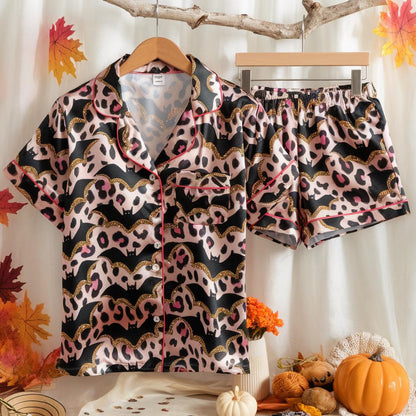 Halloween Bat Leopard Satin Pajamas Set, Girlish Halloween Pajamas, Halloween Pajamas, Cute Glitter Bat Pajamas, Spooky Season Pajamas Set