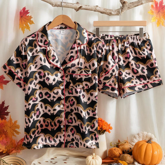 Halloween Bat Leopard Satin Pajamas Set, Girlish Halloween Pajamas, Halloween Pajamas, Cute Glitter Bat Pajamas, Spooky Season Pajamas Set