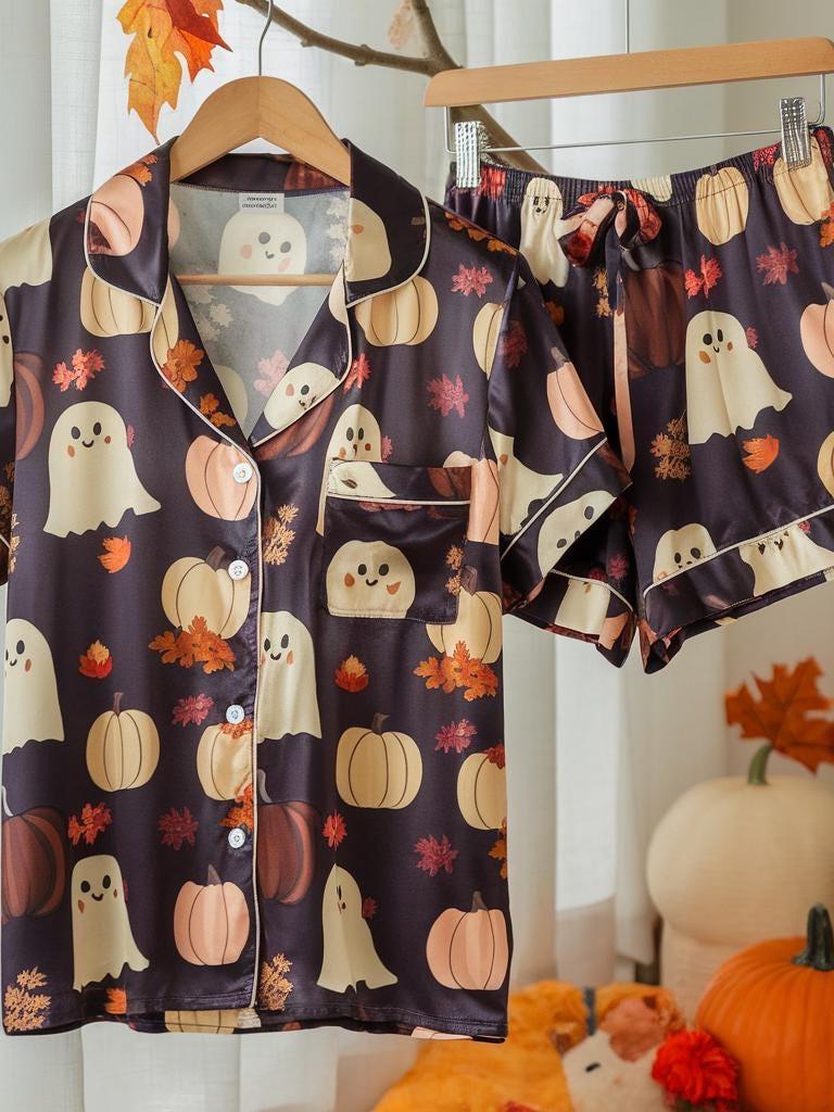 Cute Ghosts and Pumpkins Satin Pajamas Set, Fall Aesthetic Pajamas, Ghost Pajamas, Cozy Autumn Pajamas, Halloween Pajamas, Spooky Season Pjs
