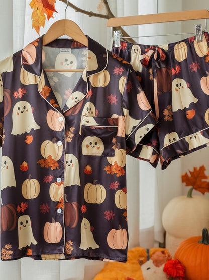 Cute Ghosts and Pumpkins Satin Pajamas Set, Fall Aesthetic Pajamas, Ghost Pajamas, Cozy Autumn Pajamas, Halloween Pajamas, Spooky Season Pjs