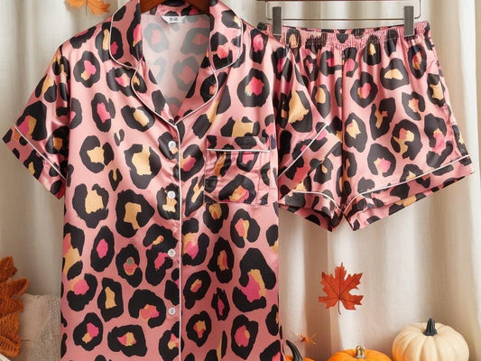Leopard Pattern Satin Pajamas Set, Girlish Pajamas, Halloween Pajama, Cute Women Pajamas, Leopard Skin Pajamas Set, Leopard & Cheetah Pajama
