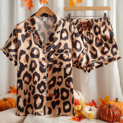 Leopard Pattern Satin Pajamas Set, Girlish Pajamas, Cute Women Pajamas, Leopard Skin Pajamas Set, Leopard & Cheetah Pajama, Halloween Pajama