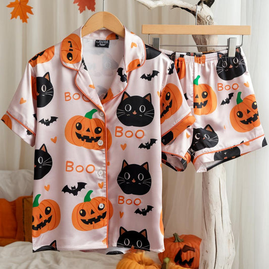 Black Cats and Pumpkins Satin Pajamas Set, Bat Halloween Pajamas, Pumpkin Pajamas, Black Cat Pajamas, Halloween Pajamas, Spooky Season Pjs