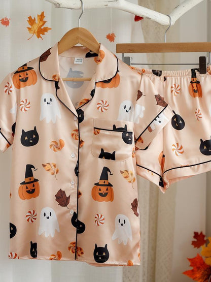 Black Cats and Pumpkins Satin Pajamas Set, Halloween Pajamas, Pumpkin Pajama, Black Cat Pajamas, Witchy Pajamas, Spooky Season Pjs, Fall Pjs