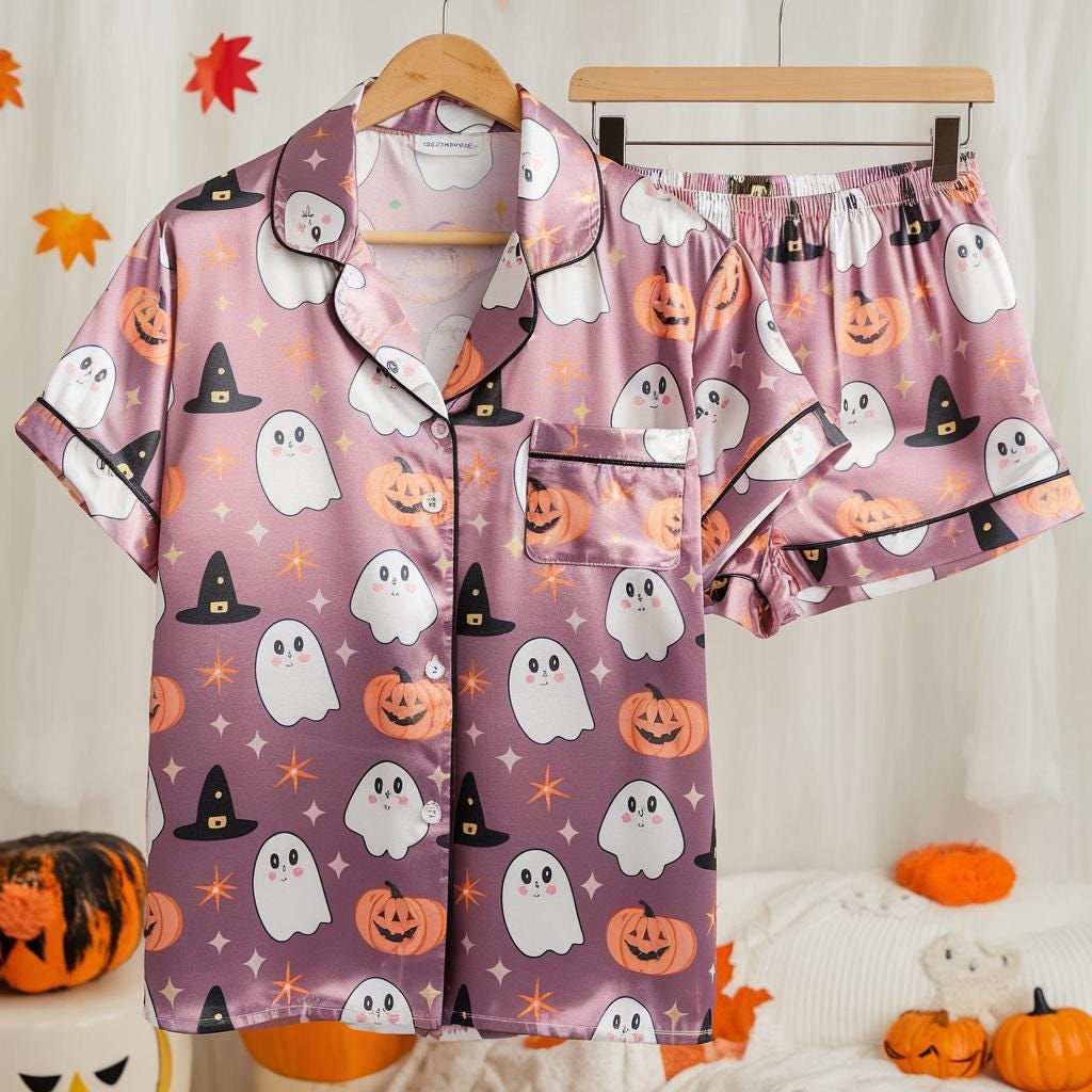 Cute Ghosts and Pumpkins Satin Pajamas Set, Ghost Pajamas, Witch Hats Pajamas, Witchy Pajamas, Halloween Pajamas Set, Spooky Season Pajamas
