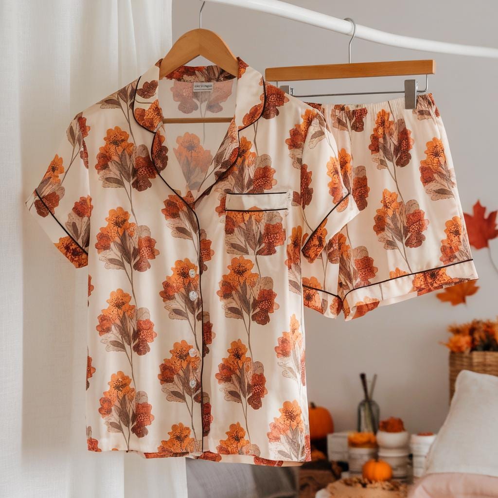 Cozy Fall Aesthetic Satin Pajamas Set, Autumn Pajamas, Fall Pajamas, Autumn Flowers Pajamas, Fall Flowers Pajama, Halloween Pjs, Cozy Season