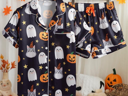 Cute Ghosts and Pumpkins Satin Pajamas Set, Ghost Pajamas, Witchy Pajamas, Halloween Cats Pajamas, Halloween Pajamas, Spooky Season Pajamas