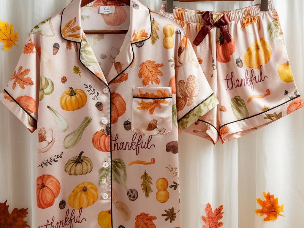 Thanksgiving Satin Pajamas Set, Pumpkins Pajamas, Autumn Pajamas, Fall Pajamas, Thankful Pajamas, Gourds Leaves Pajamas, Cozy Season Pajamas