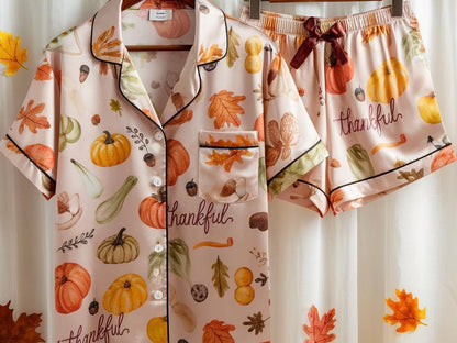 Thanksgiving Satin Pajamas Set, Pumpkins Pajamas, Autumn Pajamas, Fall Pajamas, Thankful Pajamas, Gourds Leaves Pajamas, Cozy Season Pajamas