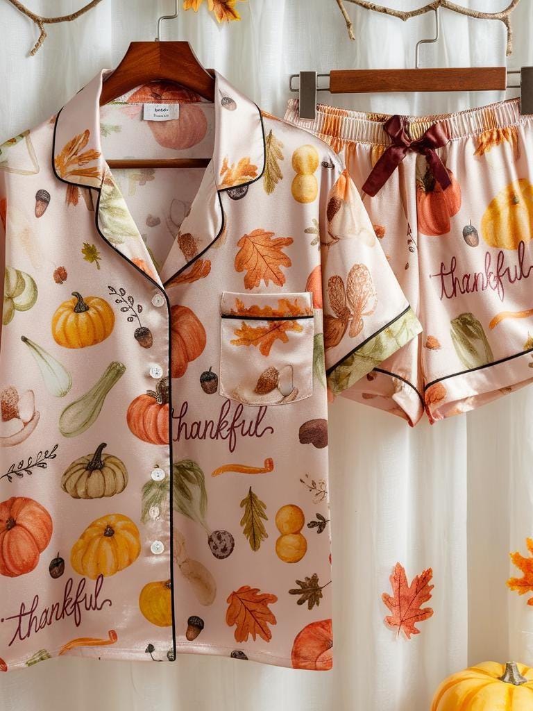 Thanksgiving Satin Pajamas Set, Pumpkins Pajamas, Autumn Pajamas, Fall Pajamas, Thankful Pajamas, Gourds Leaves Pajamas, Cozy Season Pajamas
