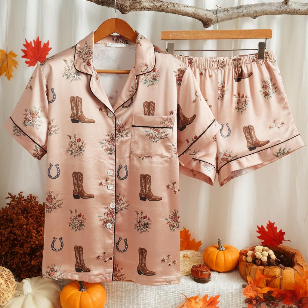 Sweet Cowgirl Satin Pajamas Set, Texas Boots Style Pajamas, Western Pajamas, Cowboy Pajamas, Cowgirl Boots Pajamas, Girly Matching Pajamas