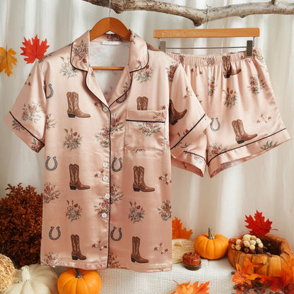 Sweet Cowgirl Satin Pajamas Set, Texas Boots Style Pajamas, Western Pajamas, Cowboy Pajamas, Cowgirl Boots Pajamas, Girly Matching Pajamas