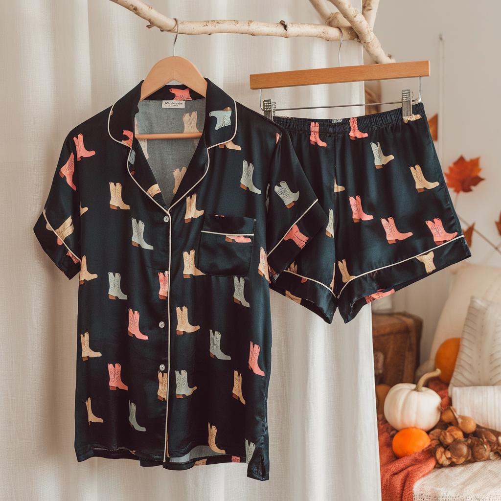 Cowboy Boot Satin Pajamas Set, Texas Boots Style Pajamas, Western Pajamas, Cowboy Pajamas, Cowgirl Boots Pajamas, Girly Matching Pajamas Set