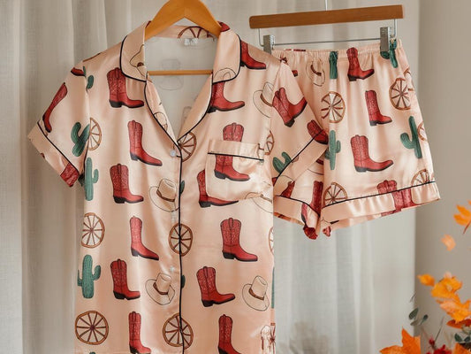 Cowboy Western Satin Pajamas Set, Texas Boots Style Pajamas, Western Pajamas, Cowboy Pajamas, Texas Strong Pajamas, Family Matching Pajamas