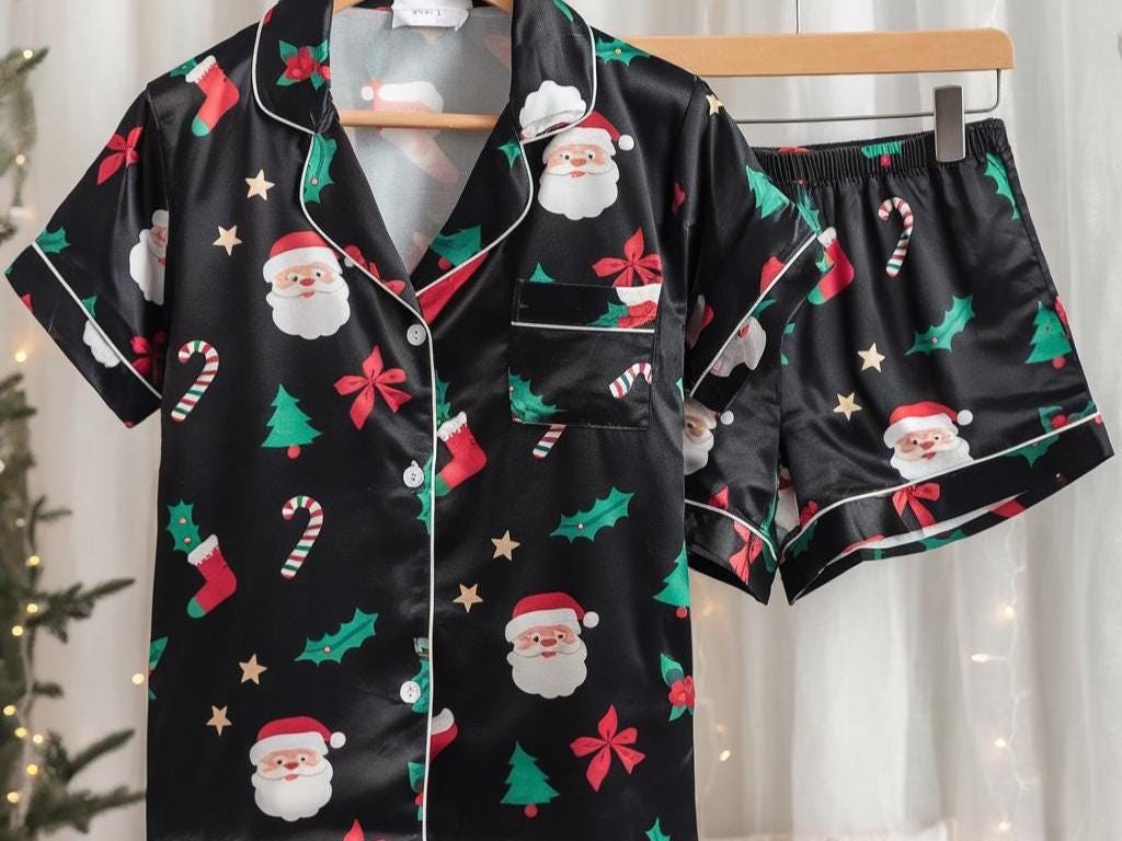 Christmas Satin Pajamas Set, Cute Christmas Pajamas, Santa Clause Pajamas, Christmas Trees Pjs, Family Christmas Pajamas, Cozy Season Pajama