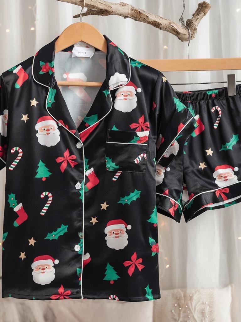 Christmas Satin Pajamas Set, Cute Christmas Pajamas, Santa Clause Pajamas, Christmas Trees Pjs, Family Christmas Pajamas, Cozy Season Pajama