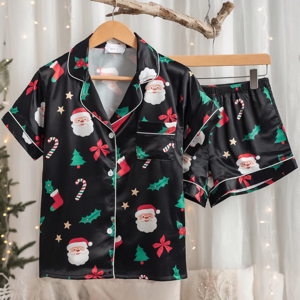 Christmas Satin Pajamas Set, Cute Christmas Pajamas, Santa Clause Pajamas, Christmas Trees Pjs, Family Christmas Pajamas, Cozy Season Pajama