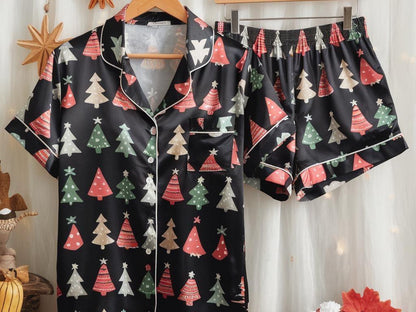 Christmas Trees Satin Pajamas Set, Cute Christmas Pajamas, Pine Trees Pajamas, Christmas Pjs, Family Christmas Pajamas, Cozy Season Pajama