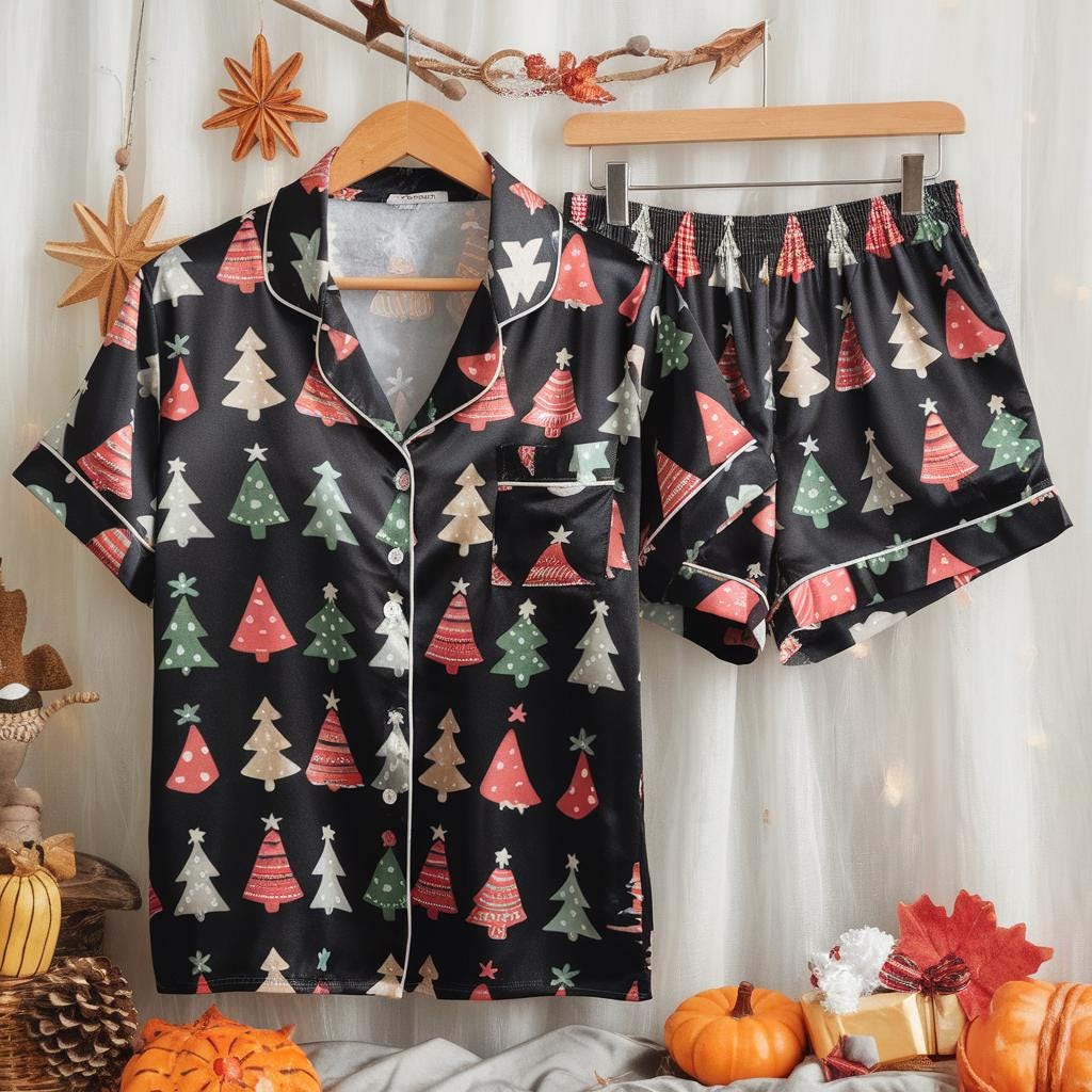 Christmas Trees Satin Pajamas Set, Cute Christmas Pajamas, Pine Trees Pajamas, Christmas Pjs, Family Christmas Pajamas, Cozy Season Pajama