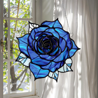 Blue Rose Acrylic Window Hanging – Elegant Floral Sun Catcher for Romantic, Garden, and Nature Inspired Home Window or Wall Décor
