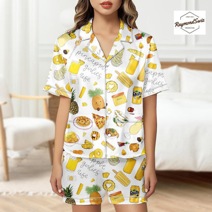 Pineapple Print Pajama Set, Yellow Button Up Pajama, Cute Shorts Pyjama, Matching PJs Set