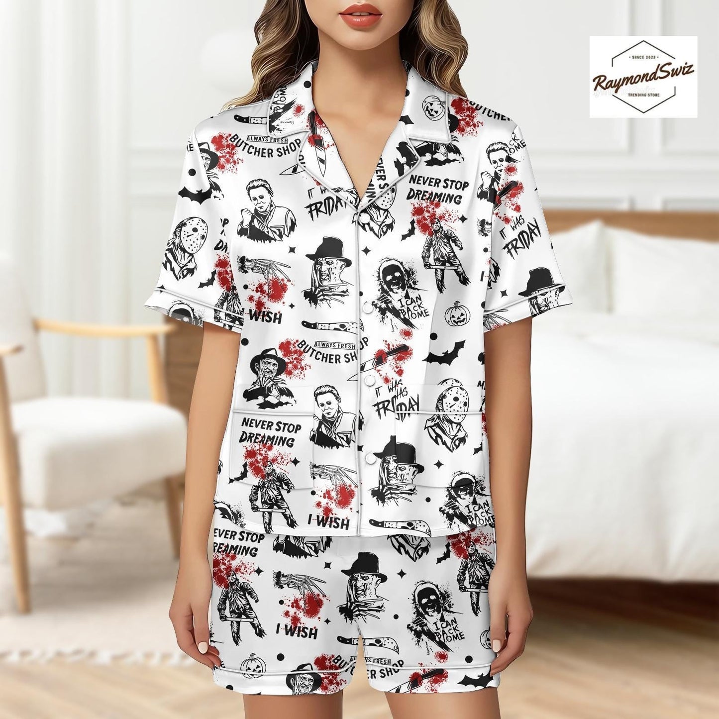 Killer Character Sketch Pajama Set, Halloween Button Shirt PJs, Matching Spooky PJs, Halloween Shorts
