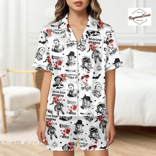 Killer Character Sketch Pajama Set, Halloween Button Shirt PJs, Matching Spooky PJs, Halloween Shorts