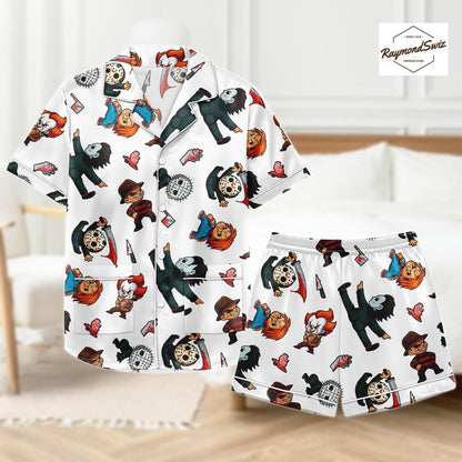 Chibi Halloween Characters PJs Set, Kawaii Halloween Button Pajama, Costume Set for Halloween, Halloween Merch
