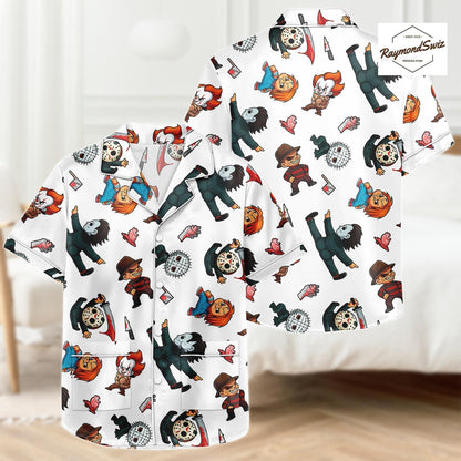 Chibi Halloween Characters PJs Set, Kawaii Halloween Button Pajama, Costume Set for Halloween, Halloween Merch
