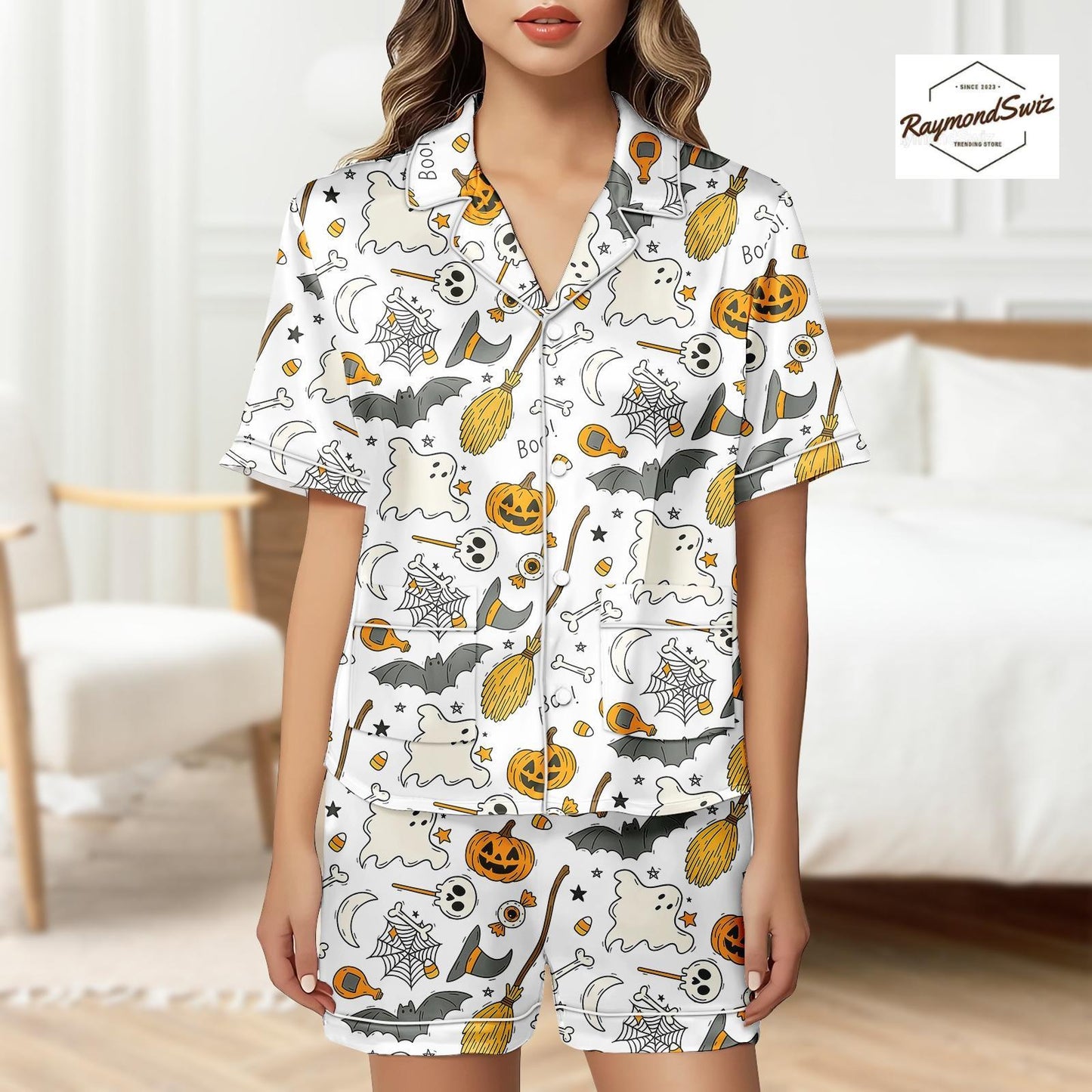 Haunted Halloween Pajama Set, Magic Boo Button Shirt PJs, Halloween Costume, Pumpkin Pyjama, Trick Or Treat