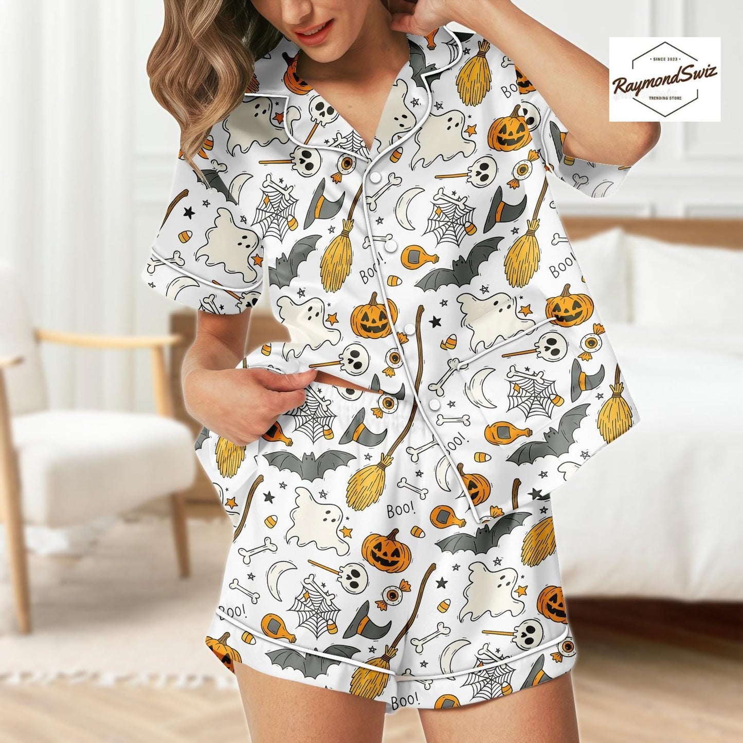 Haunted Halloween Pajama Set, Magic Boo Button Shirt PJs, Halloween Costume, Pumpkin Pyjama, Trick Or Treat