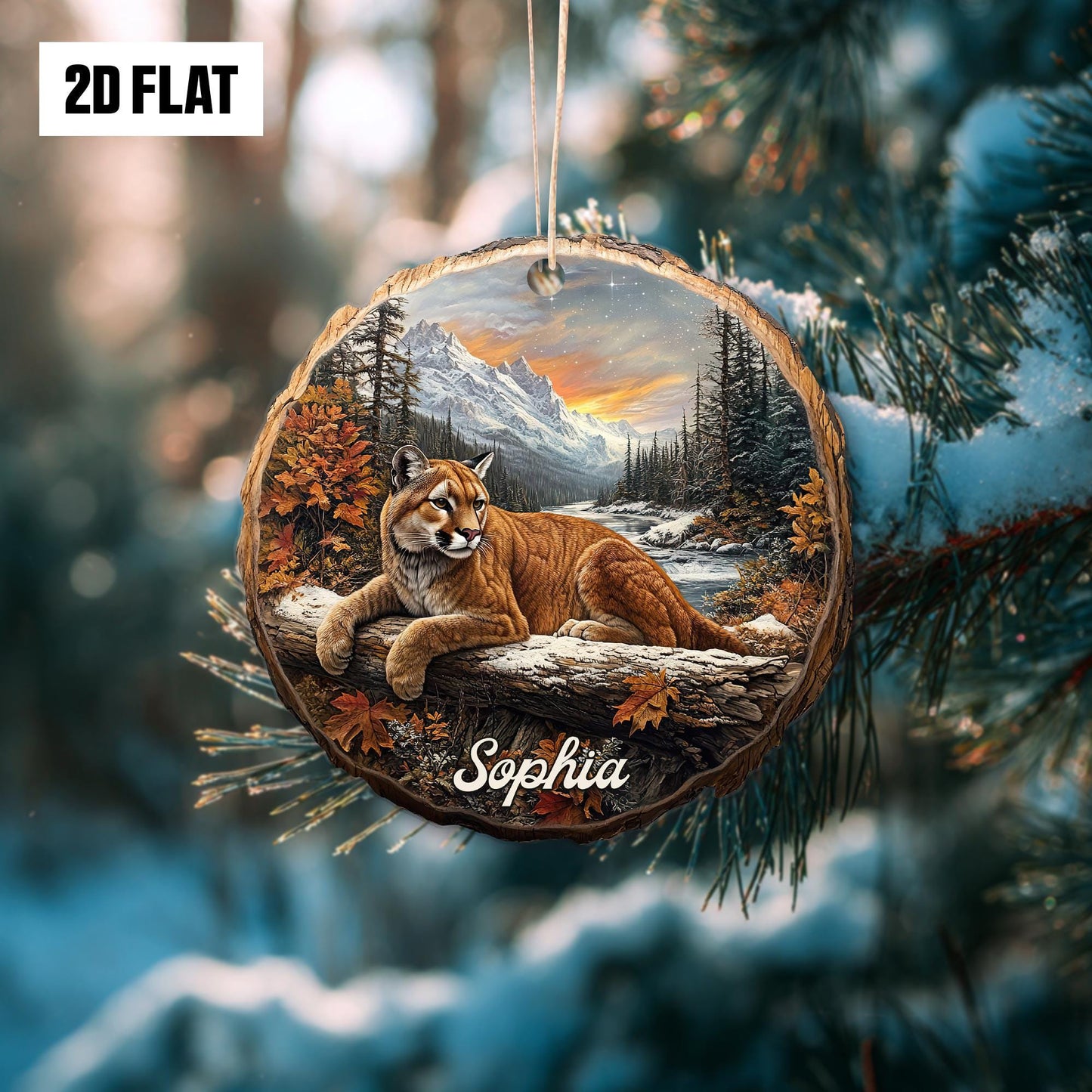 Personalized Cougar 2D Flat Ornament, Custom Name Christmas Tree Ornament, Wildlife Christmas Ornament, Nature Lover's Gift for Holiday
