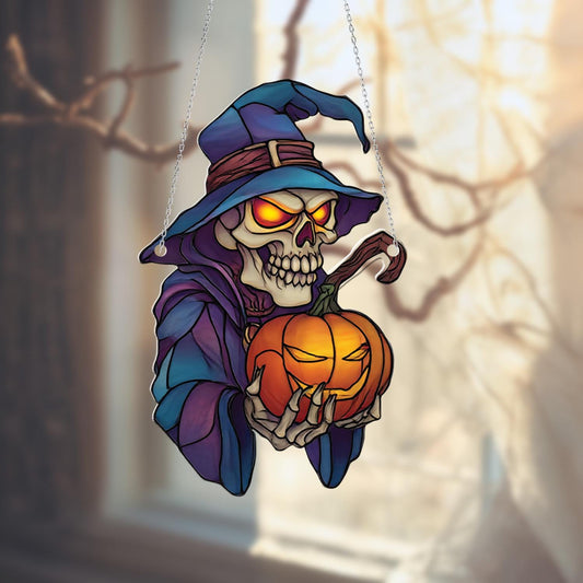 Halloween Skeleton Wizard Window Hanging with Glowing Pumpkin for Spooky Gothic Home Decor and Haunted House Accent