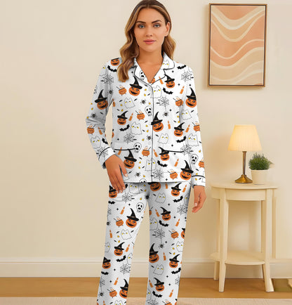 Halloween Witch Ghost Pumpkin Spider Pajamas Set, Halloween Pattern Sleepwear, Halloween Scary Pumpkin Homewear, Spooky Season Gift