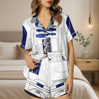 R2D2 Star Wars Satin Pajama Set, Cosplay Costume Pjs, Sci Fi Lounge Shorts for Men and Women, Halloween Gift For Women