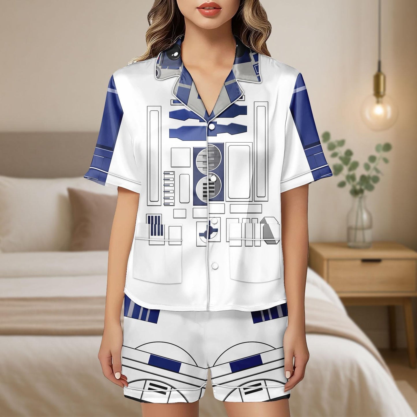 R2D2 Star Wars Satin Pajama Set, Cosplay Costume Pjs, Sci Fi Lounge Shorts for Men and Women, Halloween Gift For Women