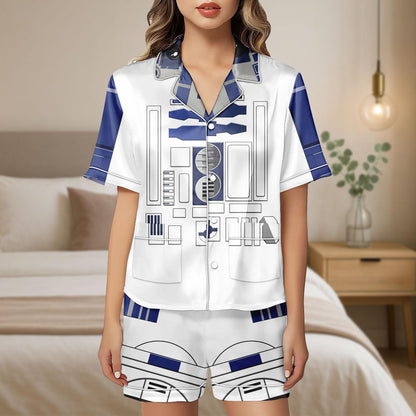 R2D2 Star Wars Satin Pajama Set, Cosplay Costume Pjs, Sci Fi Lounge Shorts for Men and Women, Halloween Gift For Women