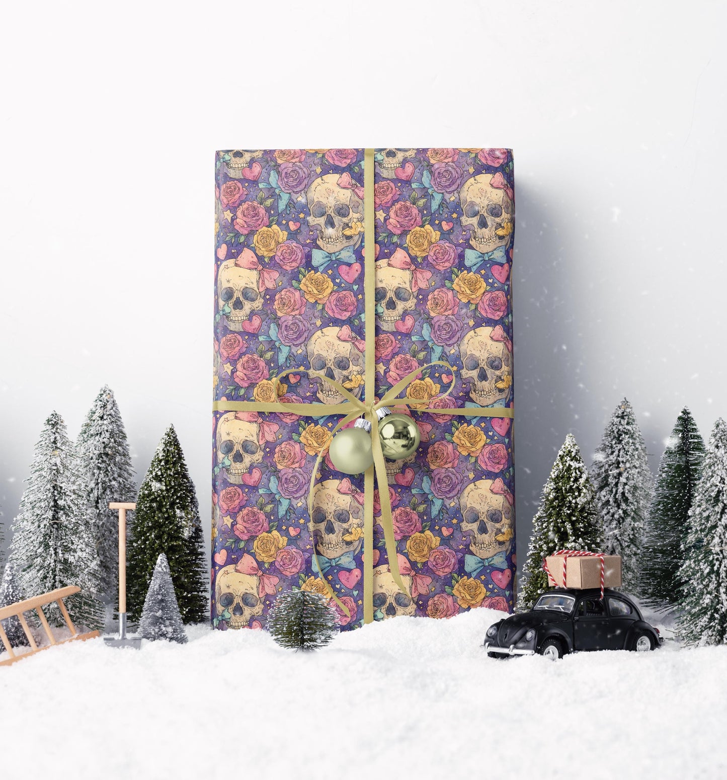 Pastel Goth Halloween Wrapping Paper Roll Watercolor Creepy Cute Skulls and Roses Witch Moon Pattern #15