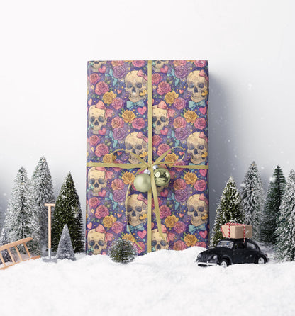 Pastel Goth Halloween Wrapping Paper Roll Watercolor Creepy Cute Skulls and Roses Witch Moon Pattern #15