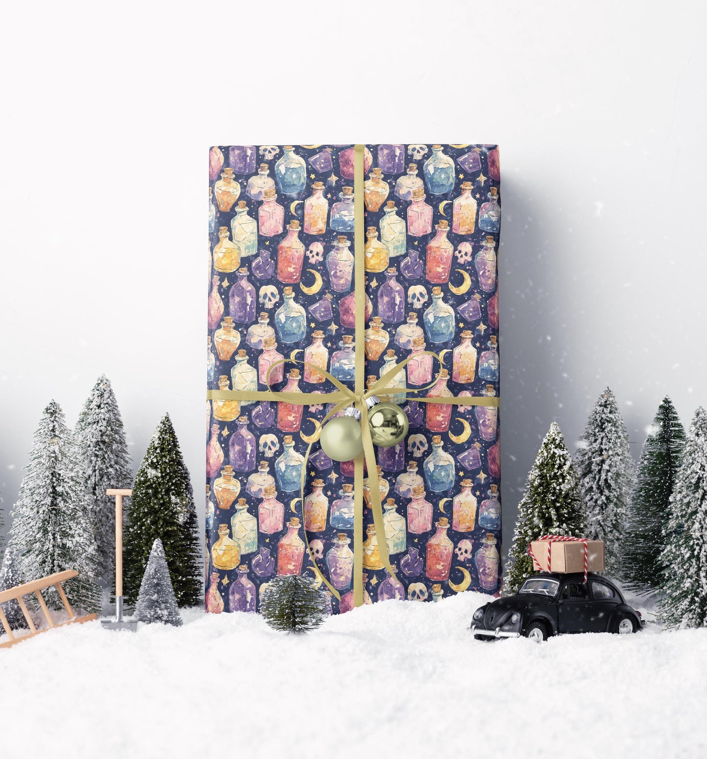 Pastel Goth Halloween Wrapping Paper Roll Watercolor Cute Spooky vibes Bats Skeleton Witchy Pattern #19