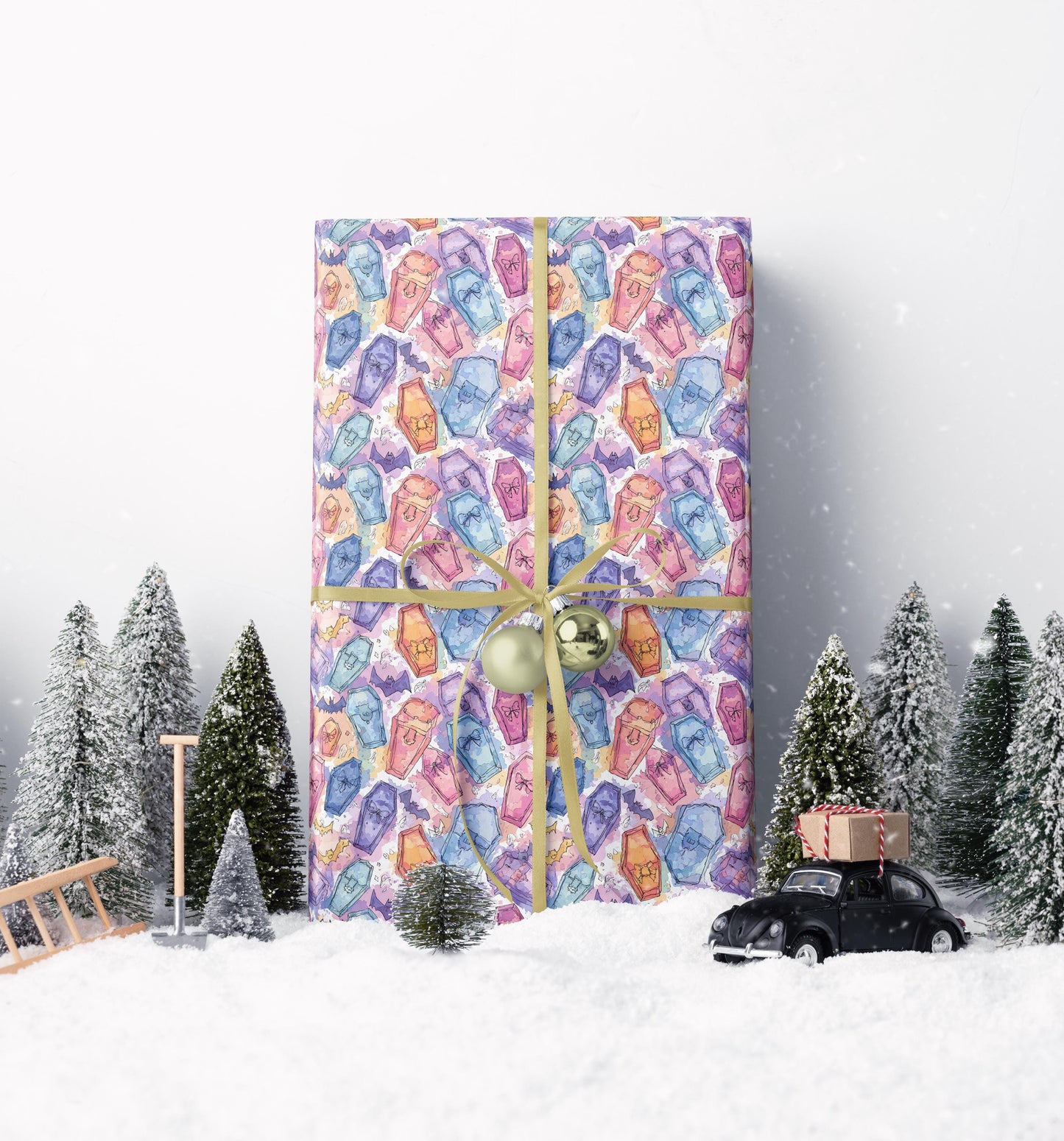 Pastel Goth Halloween Wrapping Paper Roll Watercolor Cute Ghosts Bats Witch Creepy Alternative #13