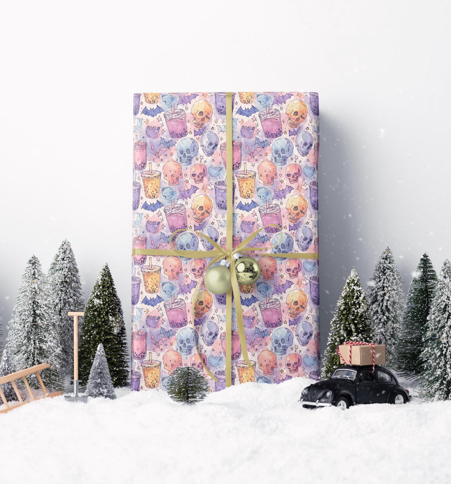 Pastel Goth Watercolor Wrapping Paper Roll Halloween Spooky Cute Ghost Bat Stars Gothic Aesthetic #12