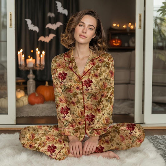 Vintage Floral Satin Pajama Set for Women with Autumn Toned Roses,Cozy Sleepwear for Elegant Fall and Winter Nights,Vintage Roses Pajama Set