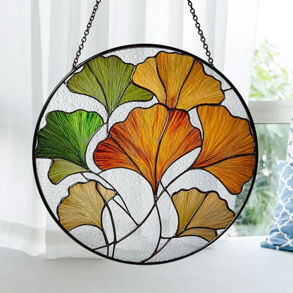 Ginkgo Leaf Stained Glass Suncatcher, Hanging Window Panel with Colorful Autumn Leaves, Unique Home and Garden Decoration Gift