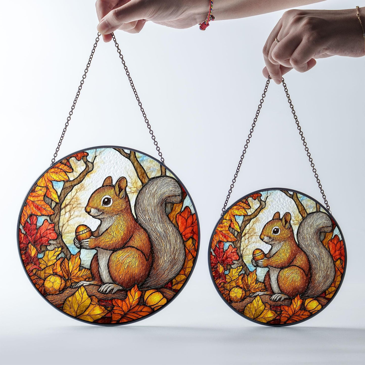 Squirrel Stained Glass Suncatcher, Autumn Window Hanging with Acorns and Fall Leaves, Woodland Animal Decor for Home and Nature Lovers Gift