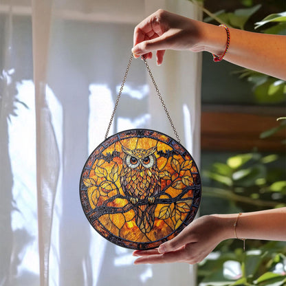 Owl Stained Glass Suncatcher, Autumn Window Hanging with Tree Branch and Full Moon, Rustic Woodland Bird Decor for Home and Nature Lovers